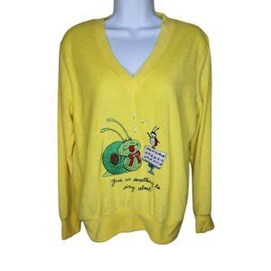 Vintage 70s VNeck Knit Top Sweater Snail Bug Womens Size XL Yellow Novelty